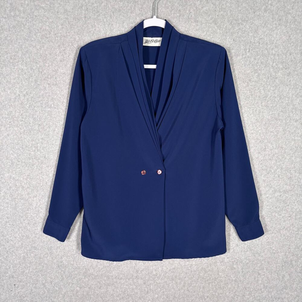 VTG 90s Yves St Clair Top Small Navy Wrap Drape Glam Quiet Suit Career Church
